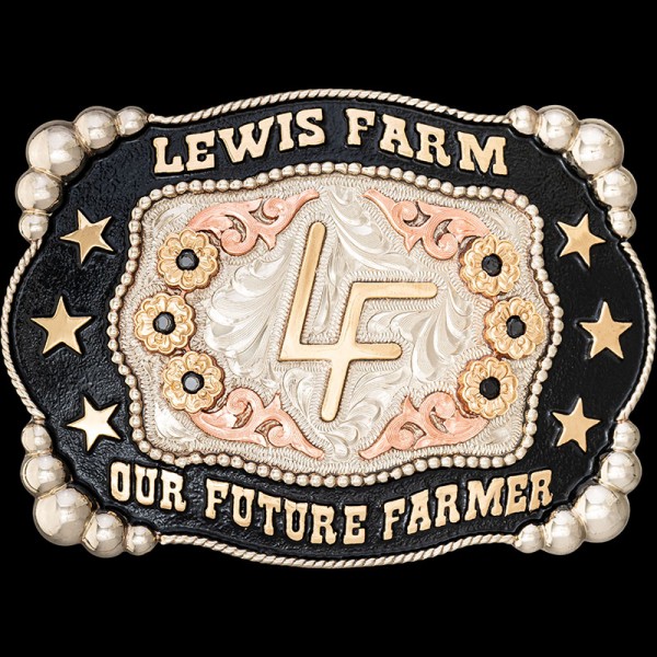 The Enterprise Belt Buckle boasts graduated bead corners, a fine rope edge, and a beaded center area with jeweler's bronze letters, stars, and figure. 